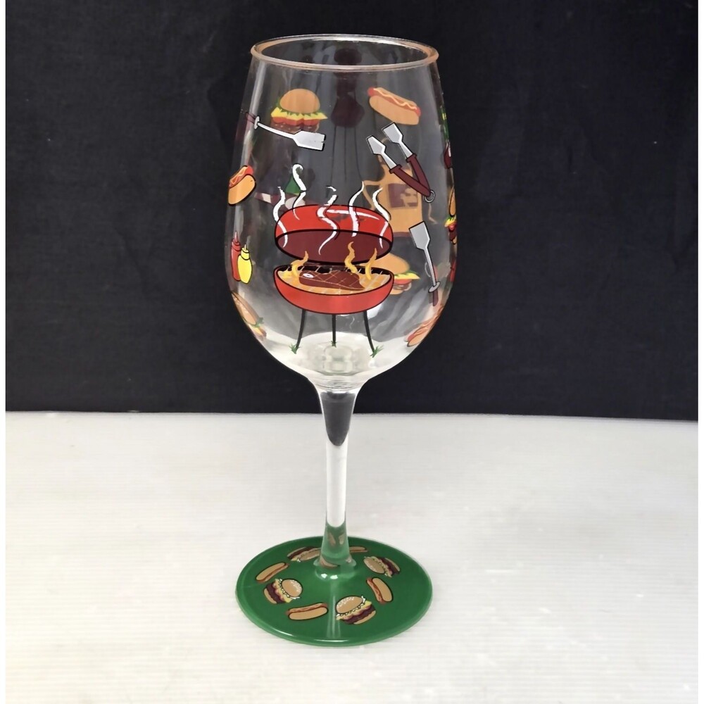 Lolita Hand Painted Backyard BBQ Wine Glass Barbeque Summer Cookout 15 oz